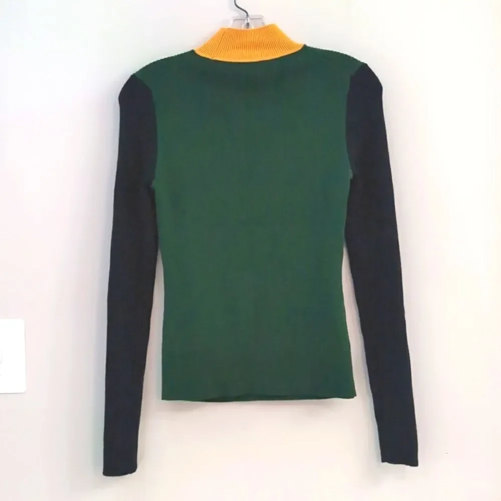 Tory Burch Colorblock Mock Turtleneck Sweater - Green Blue Yellow Sz XS